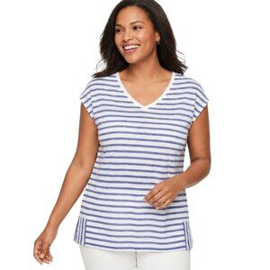 Talbots Navy & White Striped V-Neck Tee - Classic Fit Casual Top